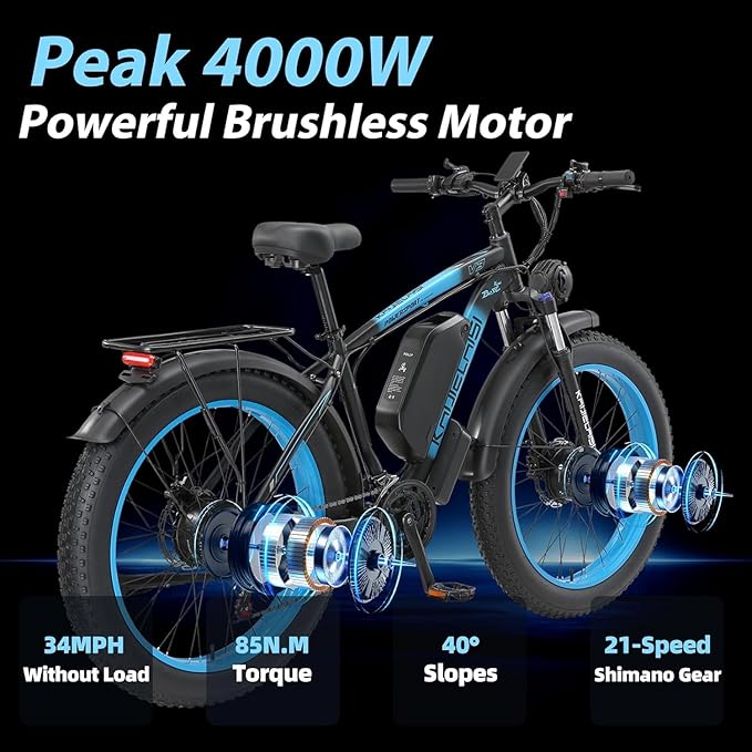 KAIJIELAISI V3 Electric Bike ,Dual Motor 4000W Peak, 26'' Fat Tire Ebikes with 48V 23AH Battery Hydraulic Disc Brake Electric Bicycle, 21 Speed Mountain Bikes
