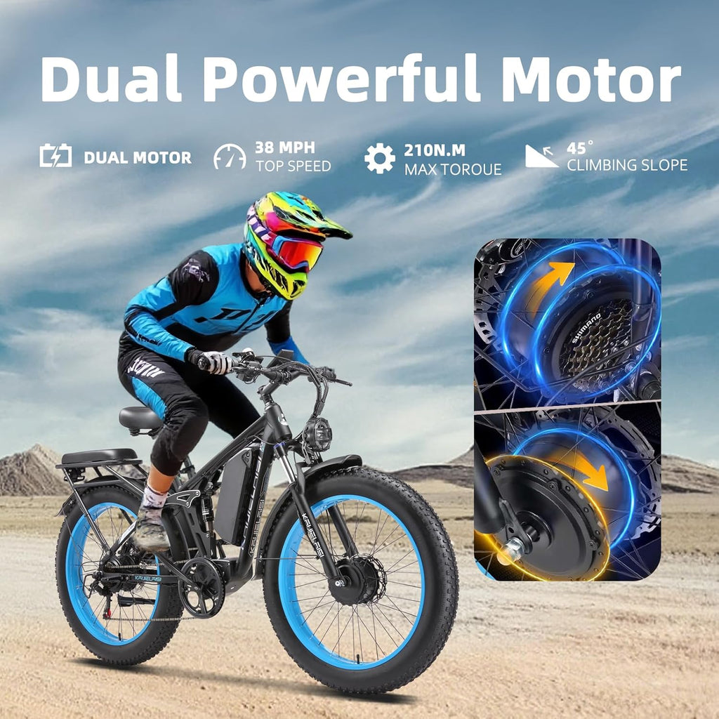 KAIJIELAISI V3 PRO Electric Bike, 6000W Peak Motor, 26” Fat Tire, 52V 26AH Battery, Full Suspension