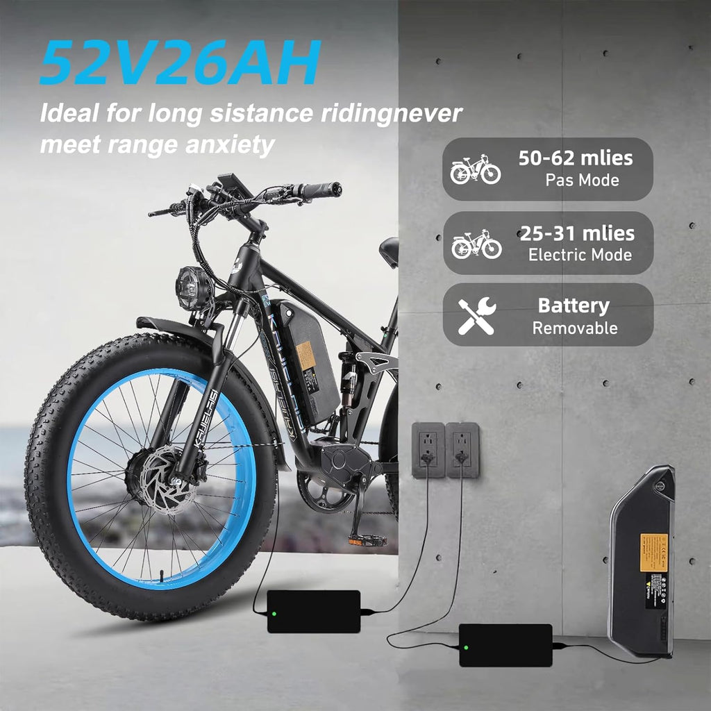 KAIJIELAISI V3 PRO Electric Bike, 6000W Peak Motor, 26” Fat Tire, 52V 26AH Battery, Full Suspension