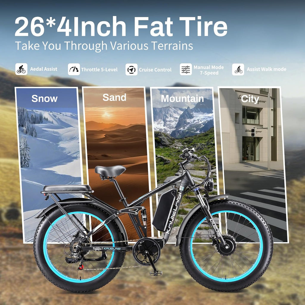 KAIJIELAISI V3 PRO Electric Bike, 6000W Peak Motor, 26” Fat Tire, 52V 26AH Battery, Full Suspension