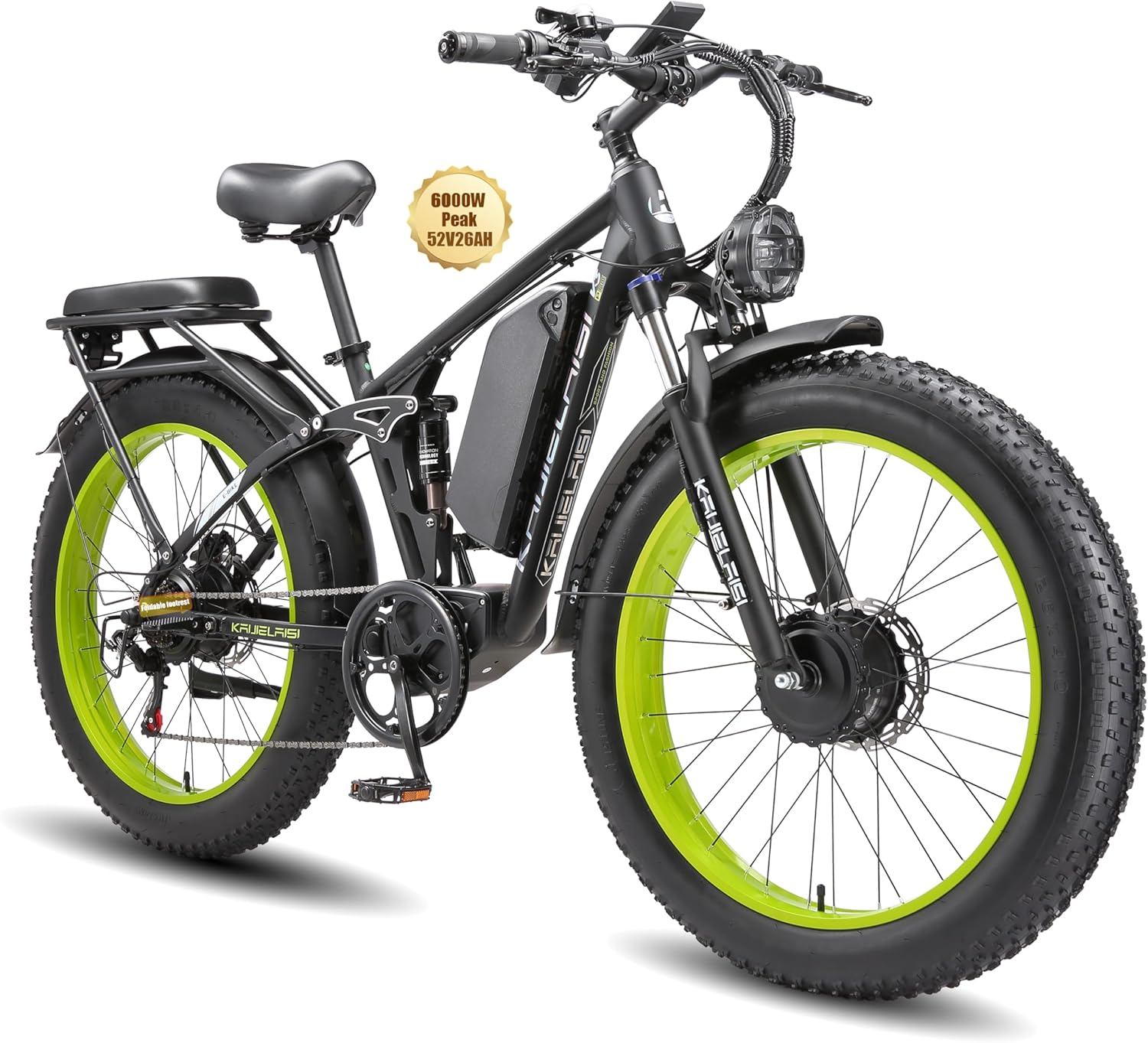 KAIJIELAISI V3 PRO Electric Bike, 6000W Peak Motor, 26” Fat Tire, 52V 26AH Battery, Full Suspension