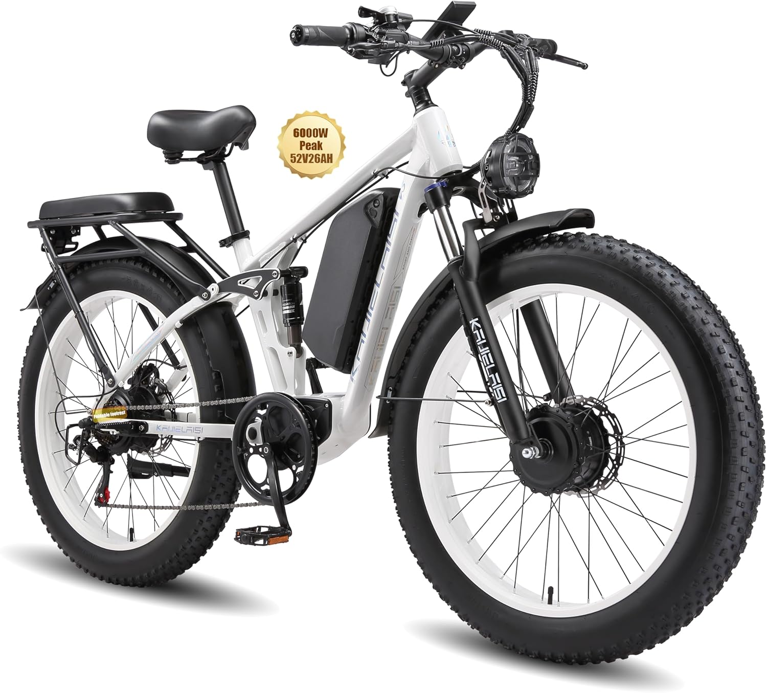 KAIJIELAISI V3 PRO Electric Bike, 6000W Peak Motor, 26” Fat Tire, 52V 26AH Battery, Full Suspension