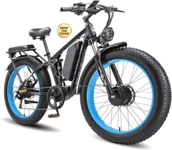 KAIJIELAISI V3 Pro 6000W Peak Electric Bike for Adults, 38MPH 26” Fat Tire Dirtbike, AWD Ebike Dual Motor, 52V 26AH Removable Battery Fast Dual Hydraulic Brake Electric Mountain Bike Full Suspension Ebikes